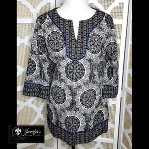 Dana Buchman Women's Black and White Mandala Split Neck Tunic Size Medium